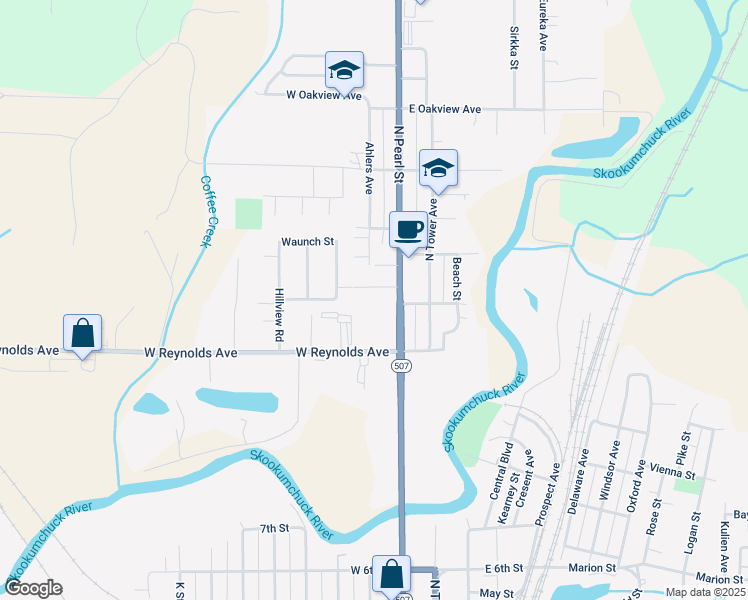 map of restaurants, bars, coffee shops, grocery stores, and more near 1809 North Pearl Street in Centralia