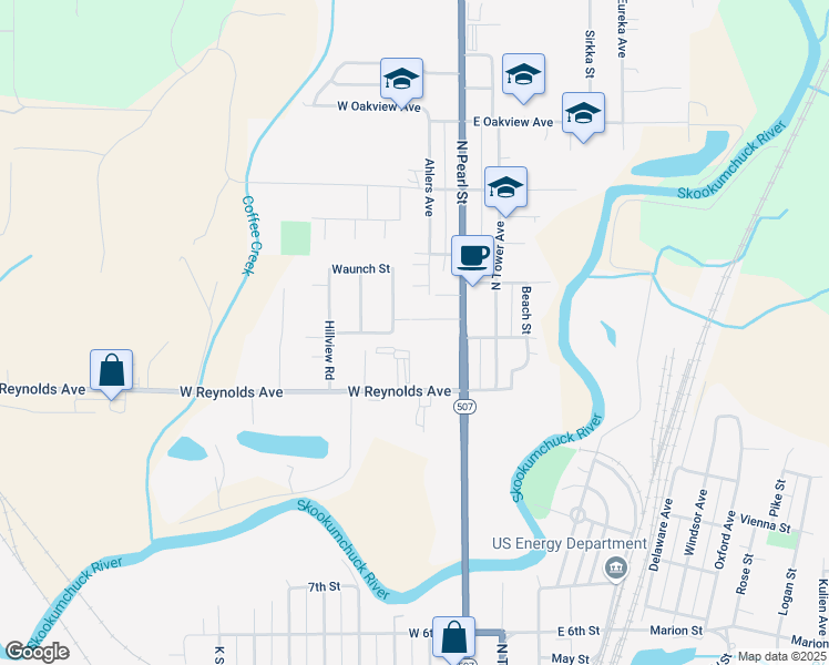 map of restaurants, bars, coffee shops, grocery stores, and more near 1809 North Pearl Street in Centralia
