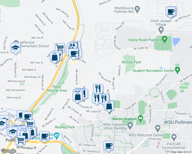 map of restaurants, bars, coffee shops, grocery stores, and more near 1060 Northeast B Street in Pullman