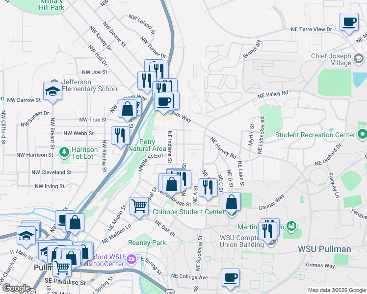 map of restaurants, bars, coffee shops, grocery stores, and more near 709 Northeast Michigan Street in Pullman