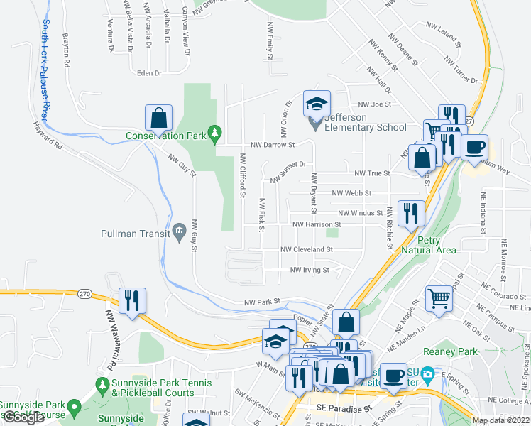 map of restaurants, bars, coffee shops, grocery stores, and more near 820 Northwest Fisk Street in Pullman