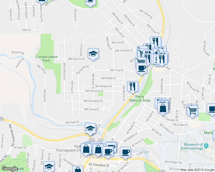 map of restaurants, bars, coffee shops, grocery stores, and more near 328 Northwest Windus Street in Pullman