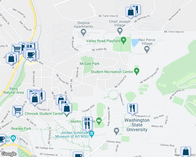 map of restaurants, bars, coffee shops, grocery stores, and more near 1610 Northeast Gaines Street in Pullman