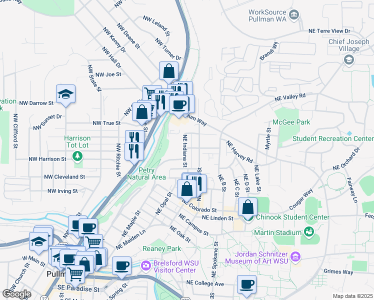 map of restaurants, bars, coffee shops, grocery stores, and more near 605 Northeast Michigan Street in Pullman