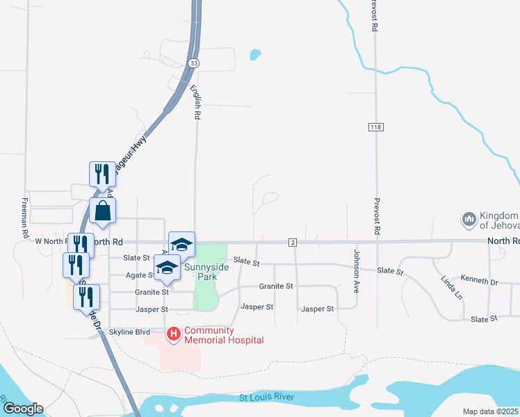 map of restaurants, bars, coffee shops, grocery stores, and more near Horizon Circle in Cloquet