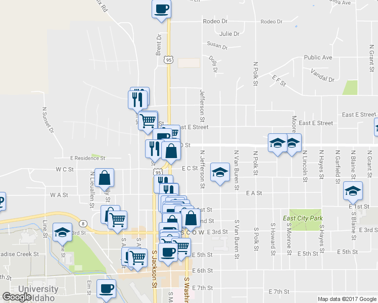 map of restaurants, bars, coffee shops, grocery stores, and more near 334 North Washington Street in Moscow