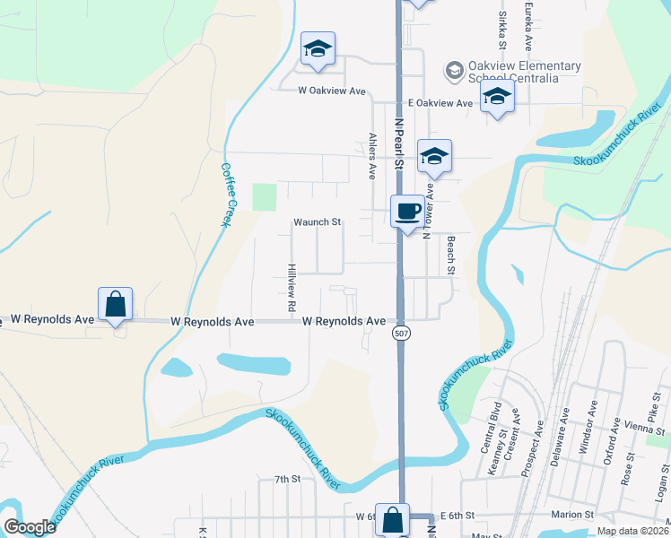 map of restaurants, bars, coffee shops, grocery stores, and more near 1805 Juneman Street in Centralia