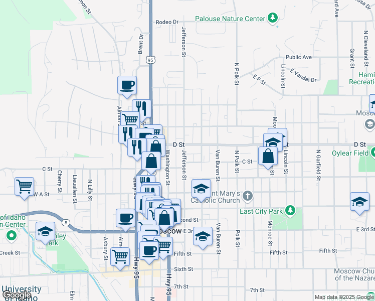 map of restaurants, bars, coffee shops, grocery stores, and more near 228 North Jefferson Street in Moscow