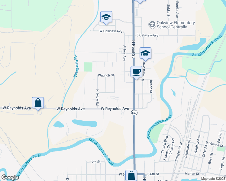 map of restaurants, bars, coffee shops, grocery stores, and more near 1805 Juneman Street in Centralia