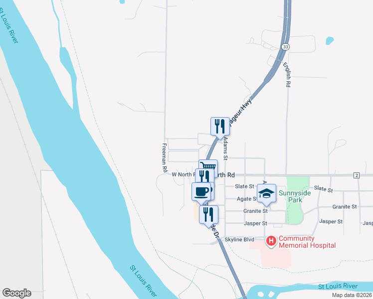 map of restaurants, bars, coffee shops, grocery stores, and more near Sunnyside Estates in Cloquet
