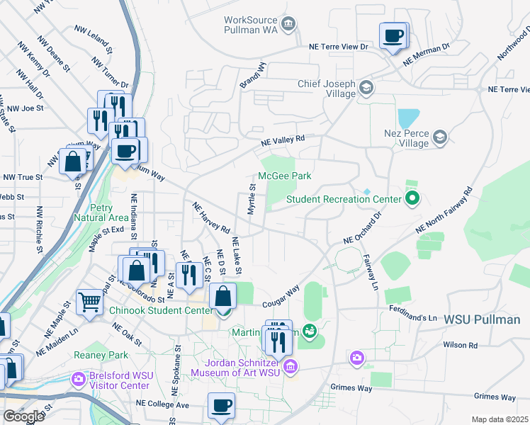 map of restaurants, bars, coffee shops, grocery stores, and more near 1125 Northeast Lybecker Road in Pullman