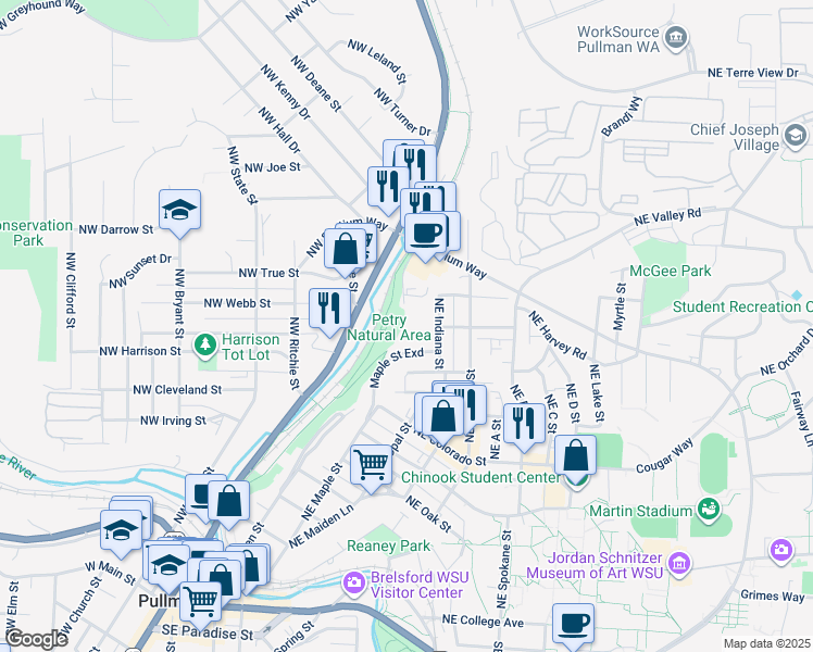 map of restaurants, bars, coffee shops, grocery stores, and more near 955 Northeast Maple Street in Pullman