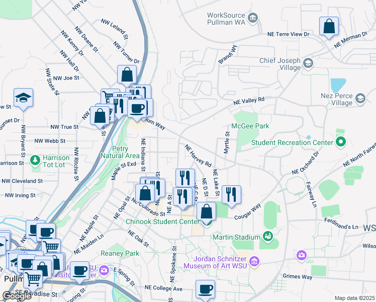 map of restaurants, bars, coffee shops, grocery stores, and more near 1060 Northeast B Street in Pullman
