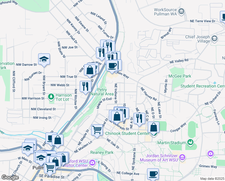 map of restaurants, bars, coffee shops, grocery stores, and more near 605 Northeast Michigan Street in Pullman