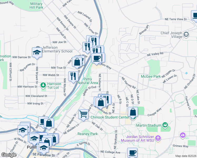map of restaurants, bars, coffee shops, grocery stores, and more near 605 Northeast Michigan Street in Pullman
