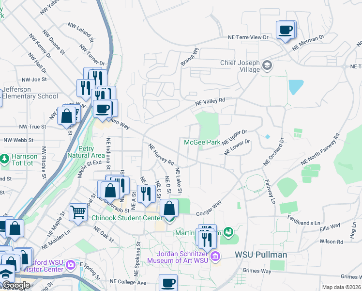 map of restaurants, bars, coffee shops, grocery stores, and more near 1215 Northeast Stadium Way in Pullman