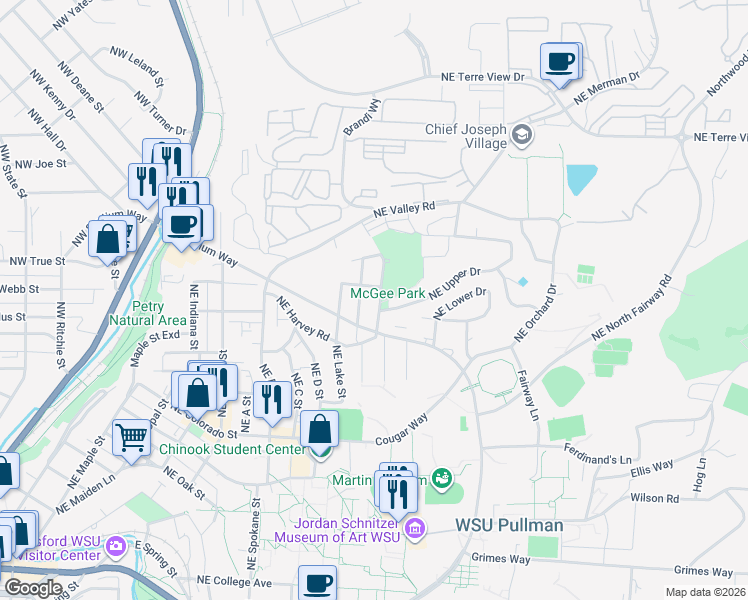 map of restaurants, bars, coffee shops, grocery stores, and more near 1125 Northeast Lybecker Road in Pullman