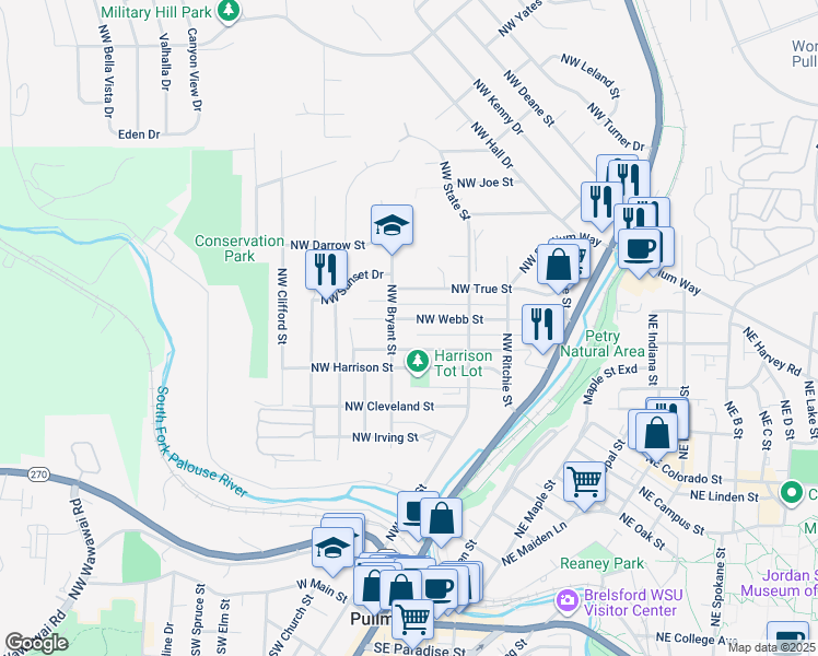 map of restaurants, bars, coffee shops, grocery stores, and more near 328 Northwest Windus Street in Pullman
