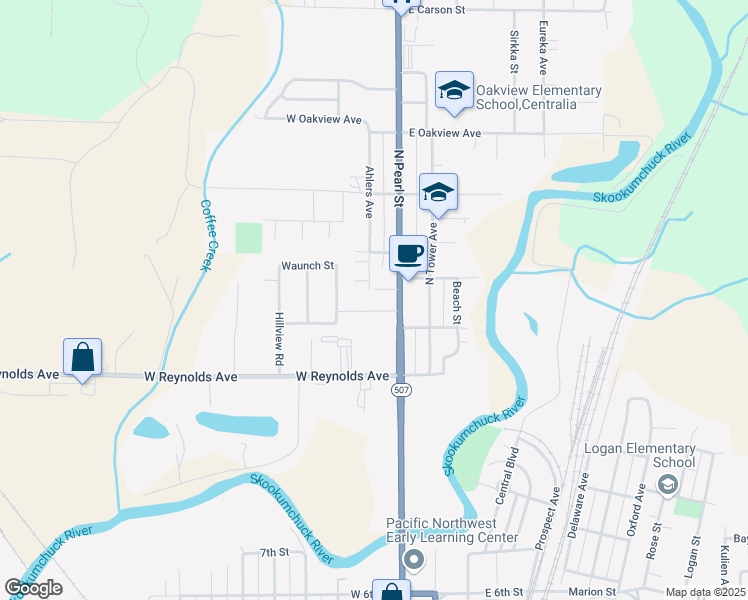 map of restaurants, bars, coffee shops, grocery stores, and more near 1809 North Pearl Street in Centralia