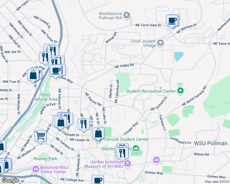 map of restaurants, bars, coffee shops, grocery stores, and more near 1165 Northeast Lybecker Road in Pullman