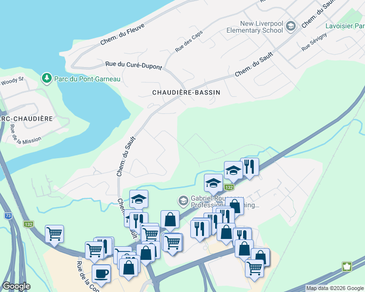 map of restaurants, bars, coffee shops, grocery stores, and more near Rue des Grands-Jardins in Lévis