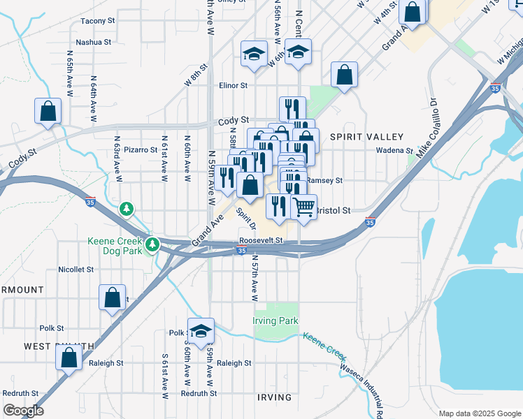 map of restaurants, bars, coffee shops, grocery stores, and more near 215 North Central Avenue in Duluth