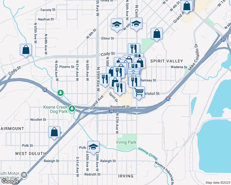 map of restaurants, bars, coffee shops, grocery stores, and more near 215 North Central Avenue in Duluth
