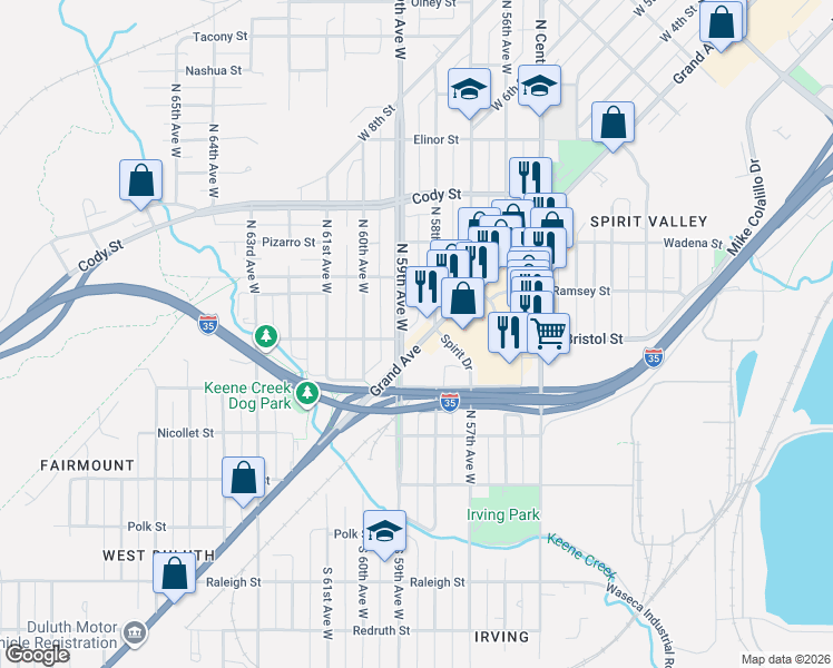 map of restaurants, bars, coffee shops, grocery stores, and more near 323 North 59th Avenue West in Duluth