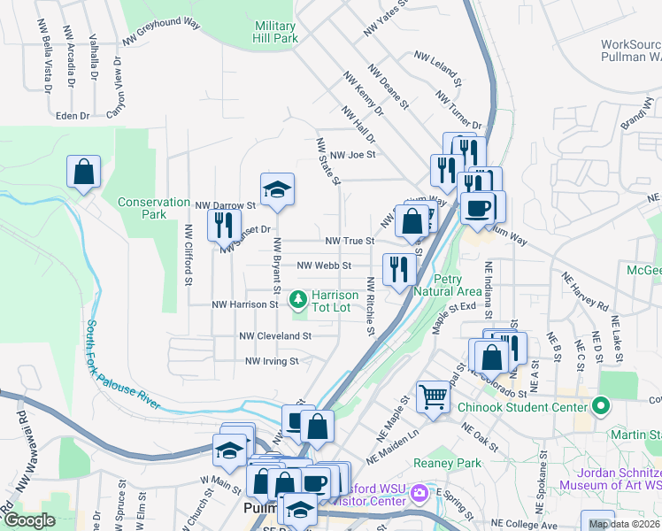 map of restaurants, bars, coffee shops, grocery stores, and more near Northwest Webb Street in Pullman