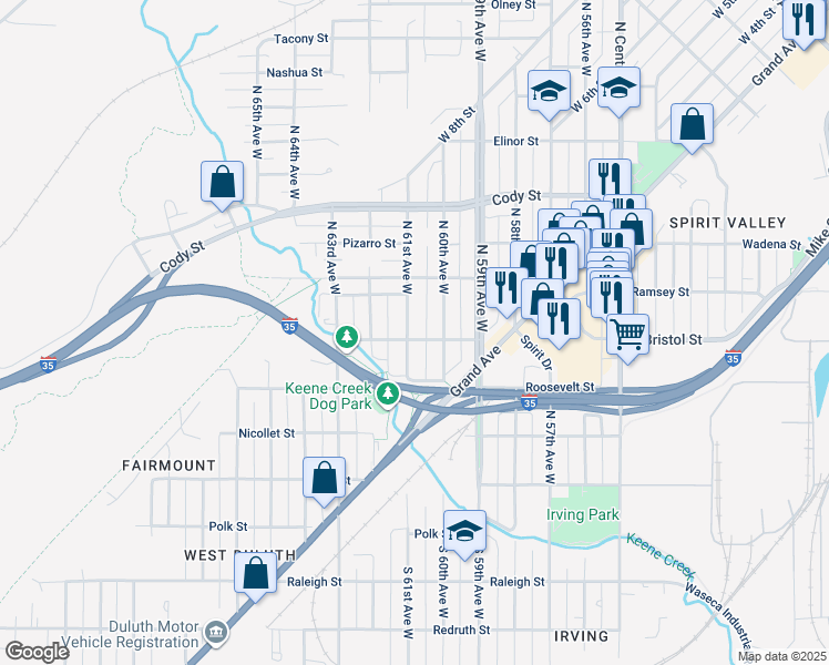 map of restaurants, bars, coffee shops, grocery stores, and more near 304 North 61st Avenue West in Duluth