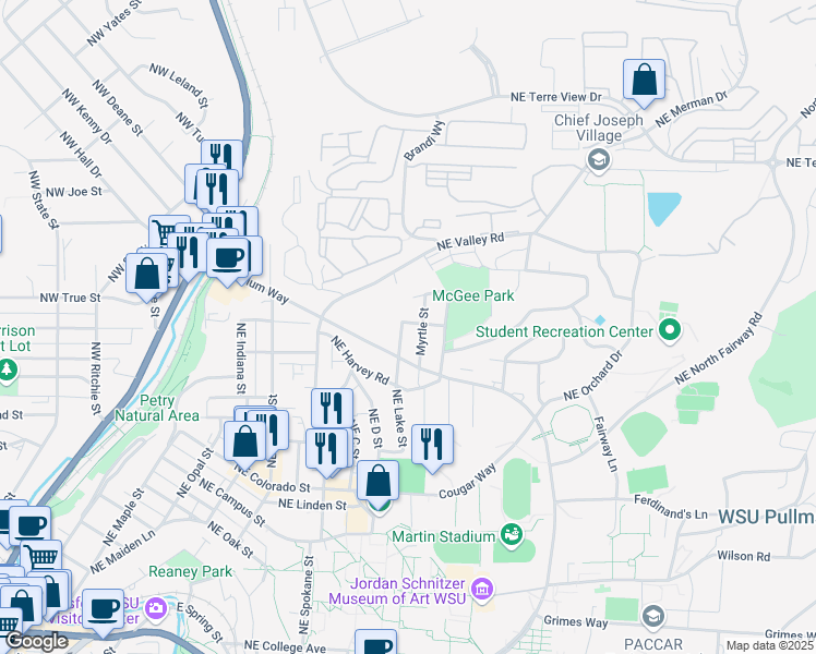 map of restaurants, bars, coffee shops, grocery stores, and more near 1205 Northeast McGee Street in Pullman