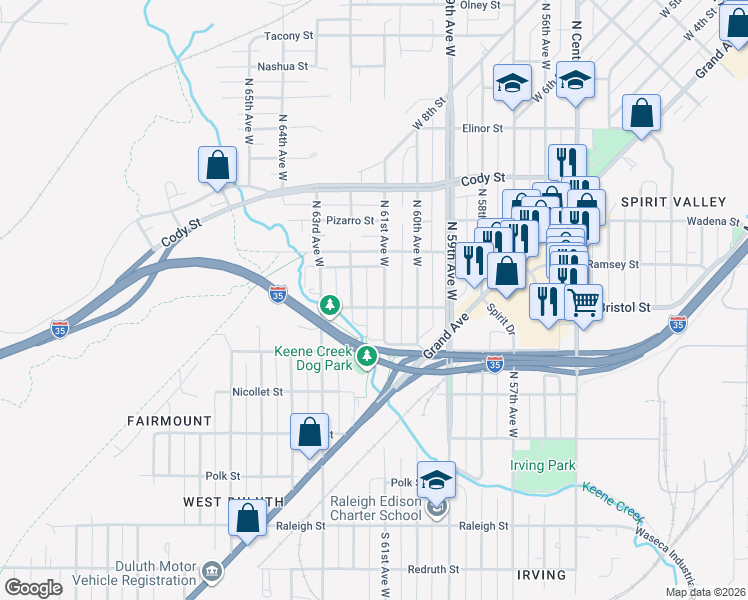 map of restaurants, bars, coffee shops, grocery stores, and more near 319 North 61st Avenue West in Duluth