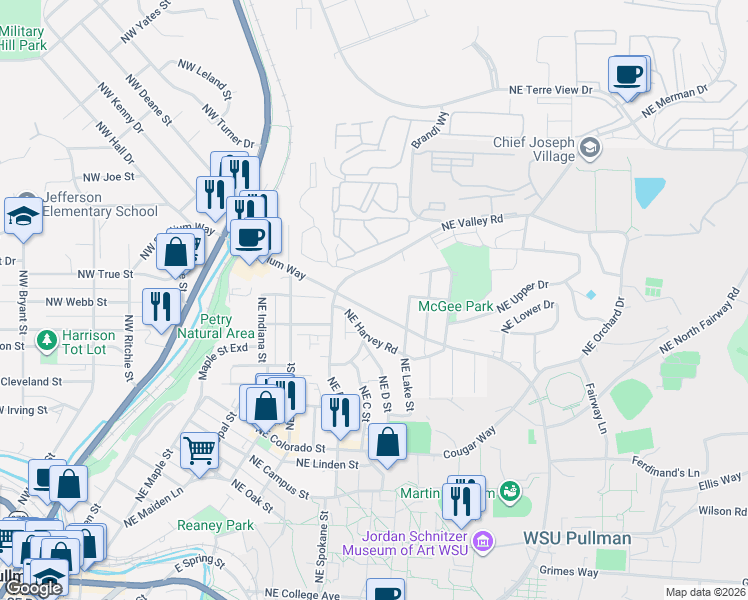 map of restaurants, bars, coffee shops, grocery stores, and more near 1105 Northeast Valley Road in Pullman