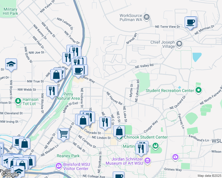 map of restaurants, bars, coffee shops, grocery stores, and more near in Pullman