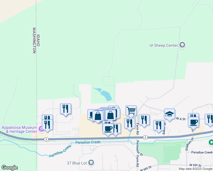 map of restaurants, bars, coffee shops, grocery stores, and more near 5056 Farm Road in Moscow