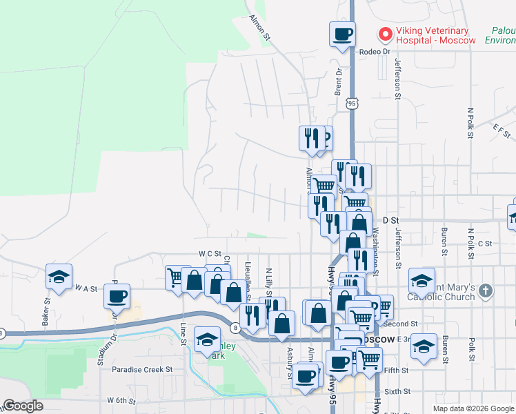 map of restaurants, bars, coffee shops, grocery stores, and more near 403 North Almon Street in Moscow