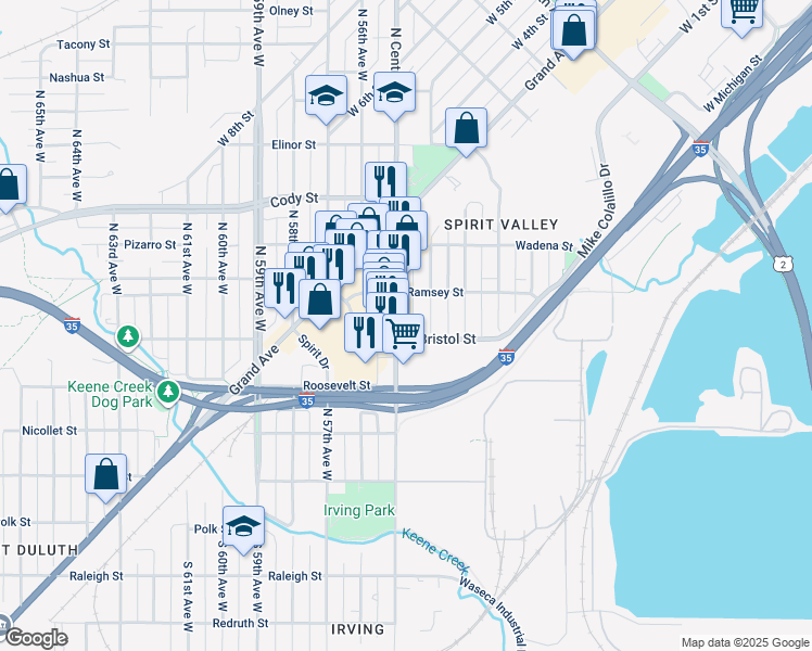 map of restaurants, bars, coffee shops, grocery stores, and more near 324 North Central Avenue in Duluth