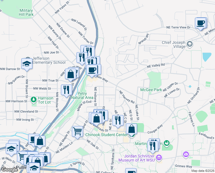map of restaurants, bars, coffee shops, grocery stores, and more near 715 Northeast Stadium Way in Pullman