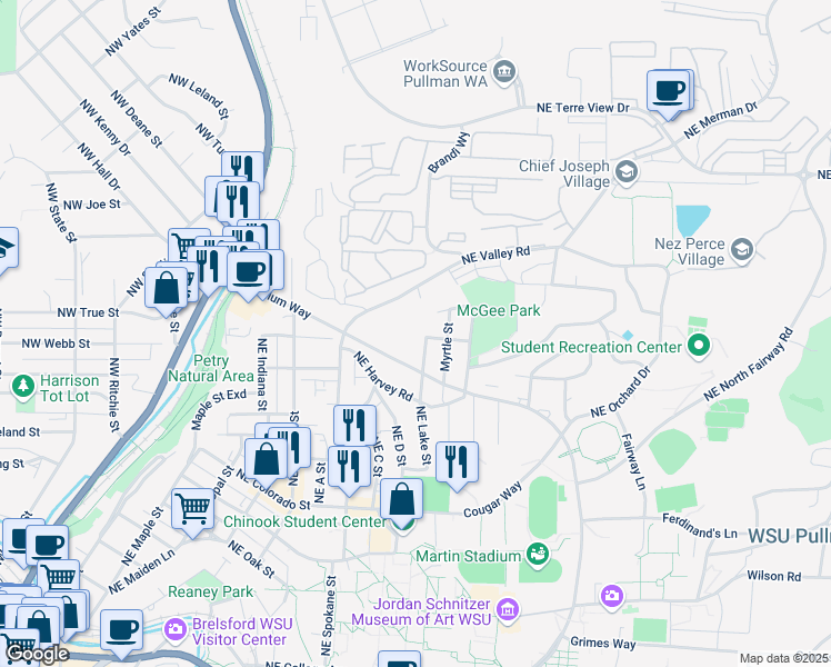 map of restaurants, bars, coffee shops, grocery stores, and more near 1205 Northeast Valley Road in Pullman