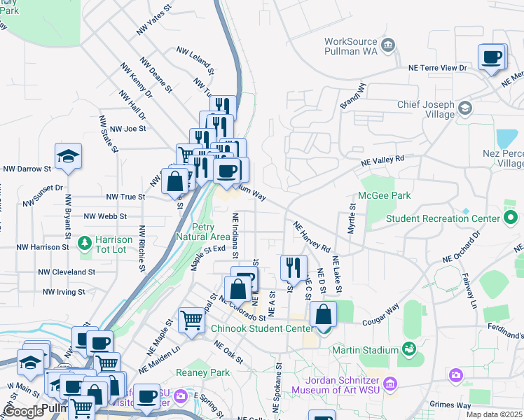 map of restaurants, bars, coffee shops, grocery stores, and more near 715 Northeast Stadium Way in Pullman