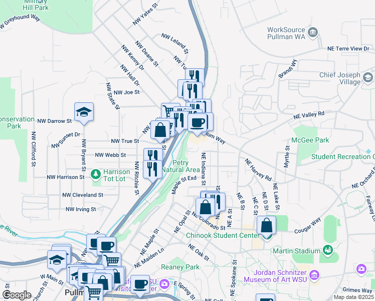 map of restaurants, bars, coffee shops, grocery stores, and more near 1130 Northeast Markley Drive in Pullman