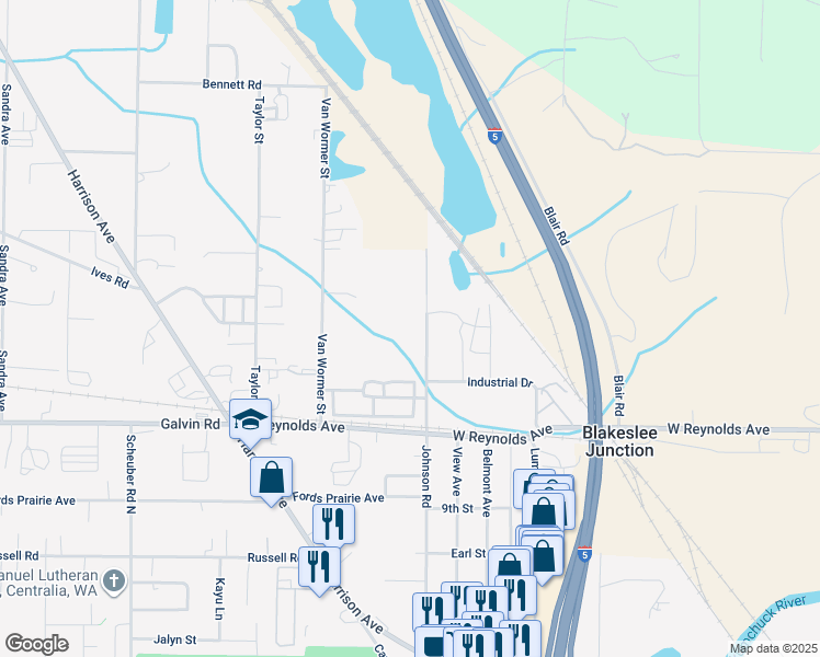 map of restaurants, bars, coffee shops, grocery stores, and more near 1905 Johnson Road in Centralia