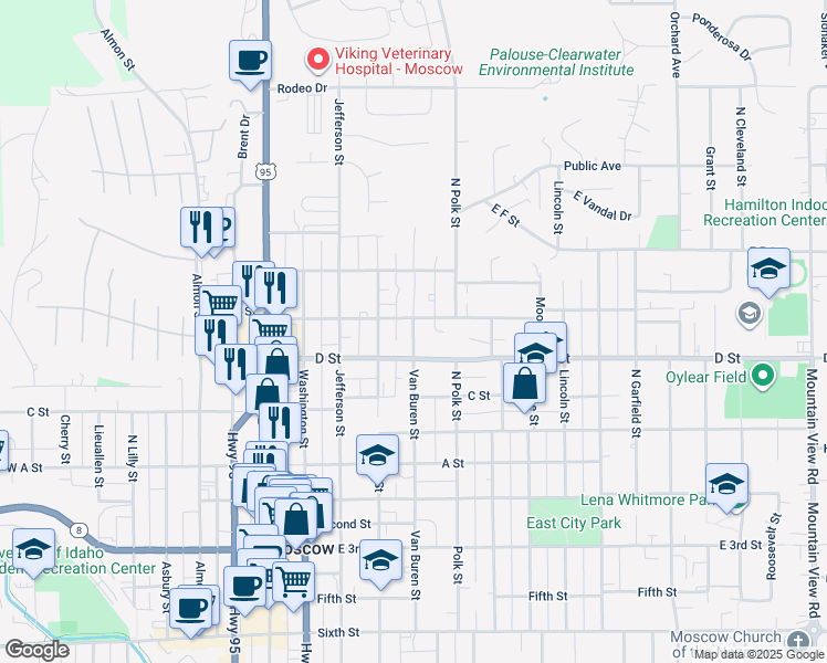 map of restaurants, bars, coffee shops, grocery stores, and more near 463 North Van Buren Street in Moscow