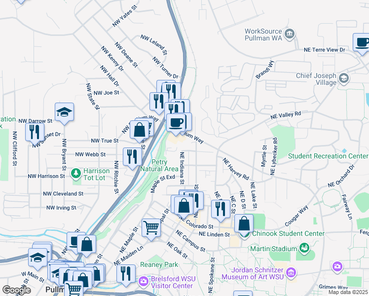 map of restaurants, bars, coffee shops, grocery stores, and more near 425 Northeast Stadium Way in Pullman
