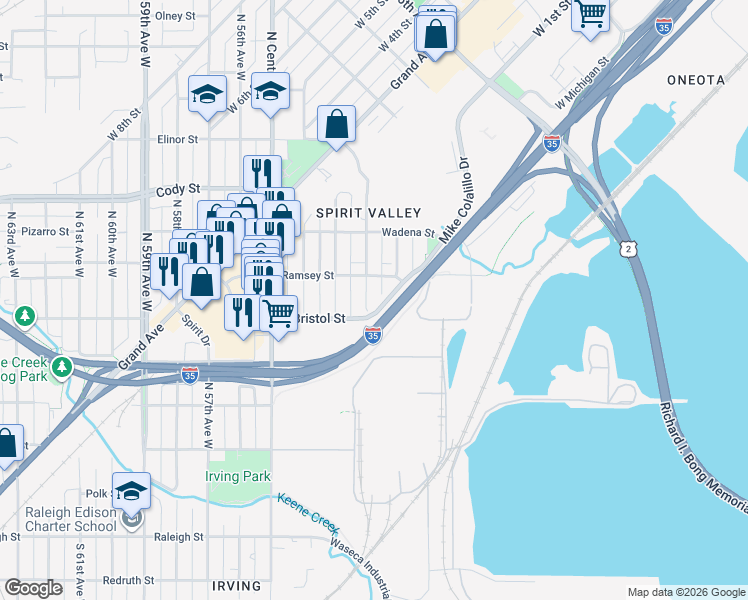 map of restaurants, bars, coffee shops, grocery stores, and more near 5106 Ramsey Street in Duluth