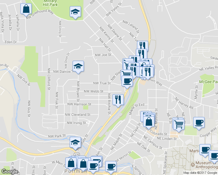map of restaurants, bars, coffee shops, grocery stores, and more near 1045 Northwest Ritchie Street in Pullman