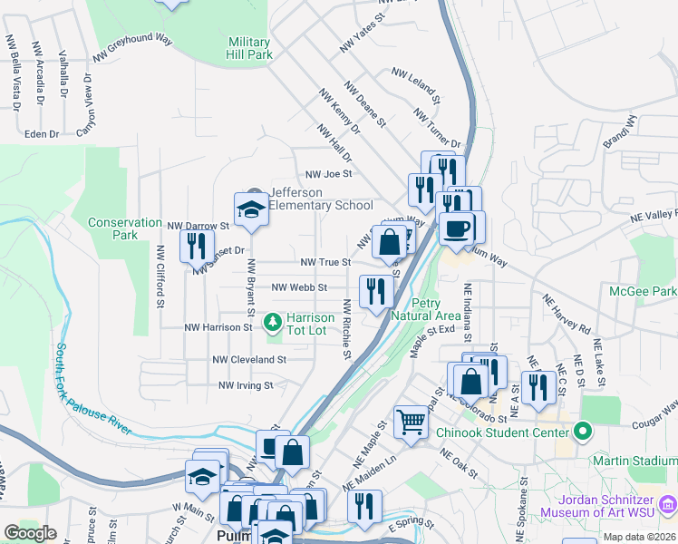 map of restaurants, bars, coffee shops, grocery stores, and more near 1045 Northwest Ritchie Street in Pullman