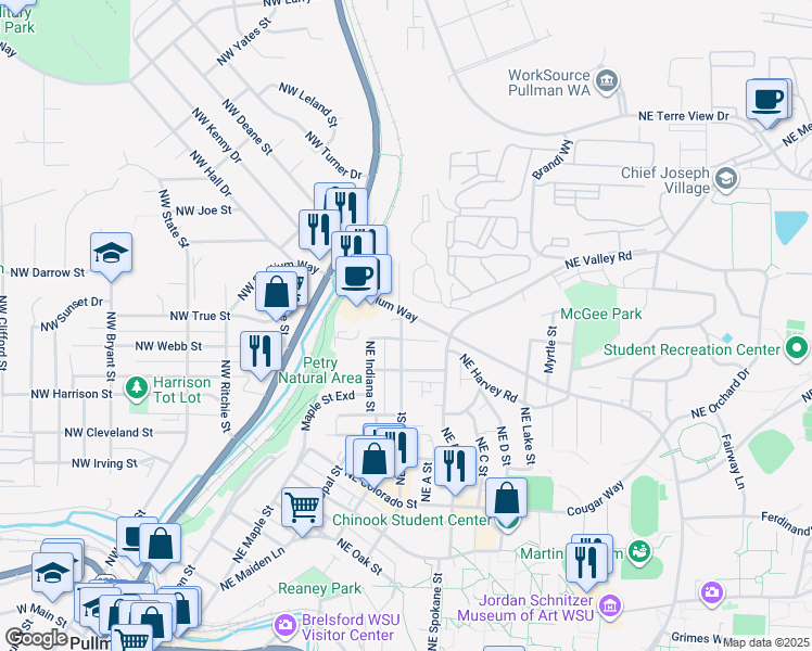map of restaurants, bars, coffee shops, grocery stores, and more near 715 Northeast Stadium Way in Pullman