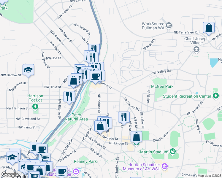 map of restaurants, bars, coffee shops, grocery stores, and more near 715 Northeast Stadium Way in Pullman