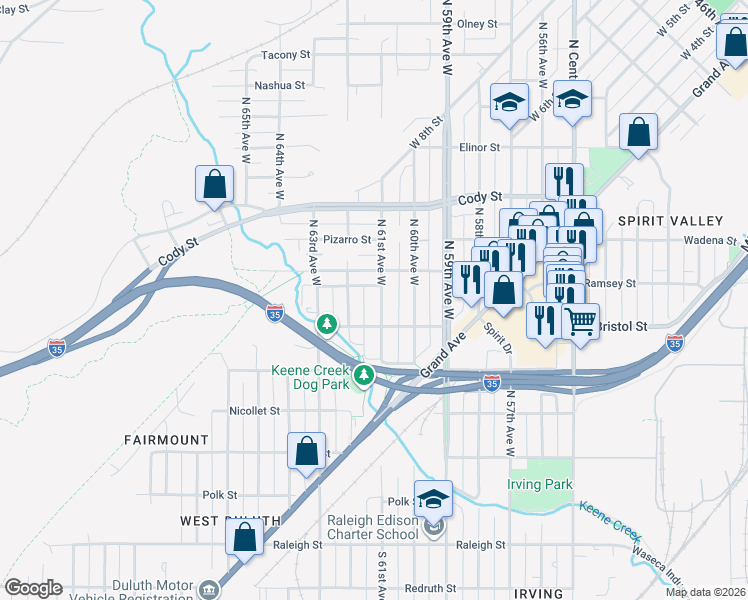 map of restaurants, bars, coffee shops, grocery stores, and more near 319 North 61st Avenue West in Duluth
